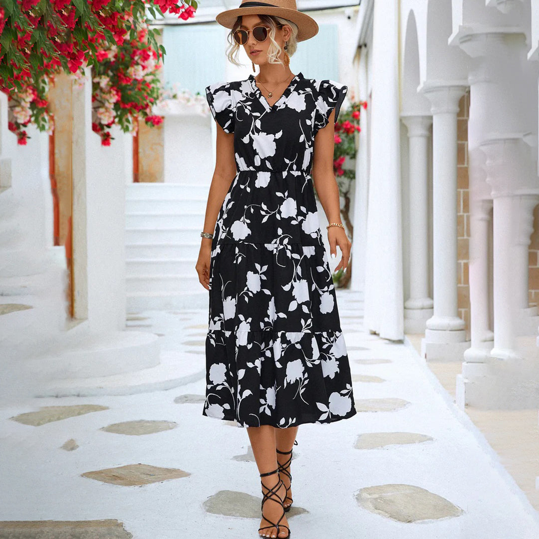 Floral Print V-Neck Flutter Sleeve Elastic Waist Tiered Dress - View 3