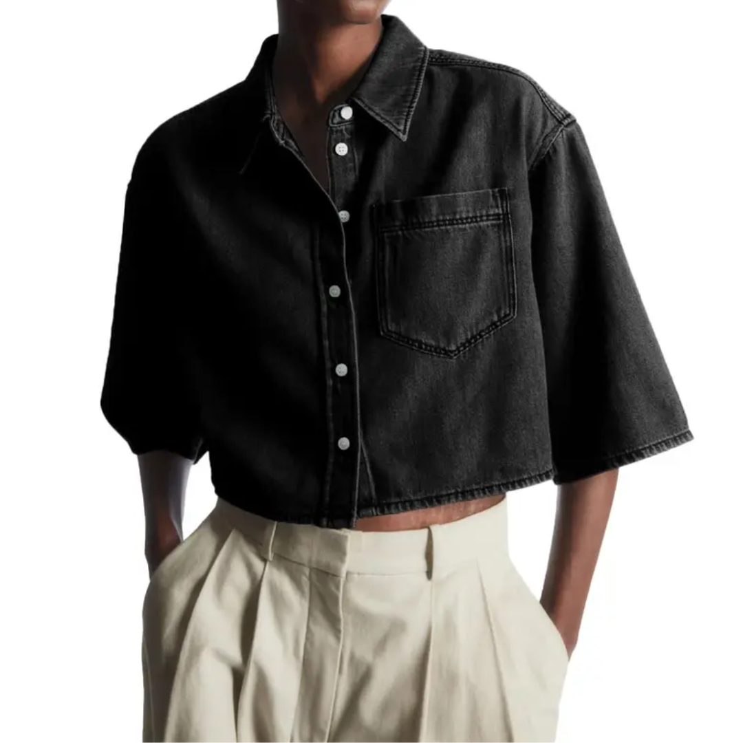 Cropped Short Sleeve Chest Pocket Denim Shirt