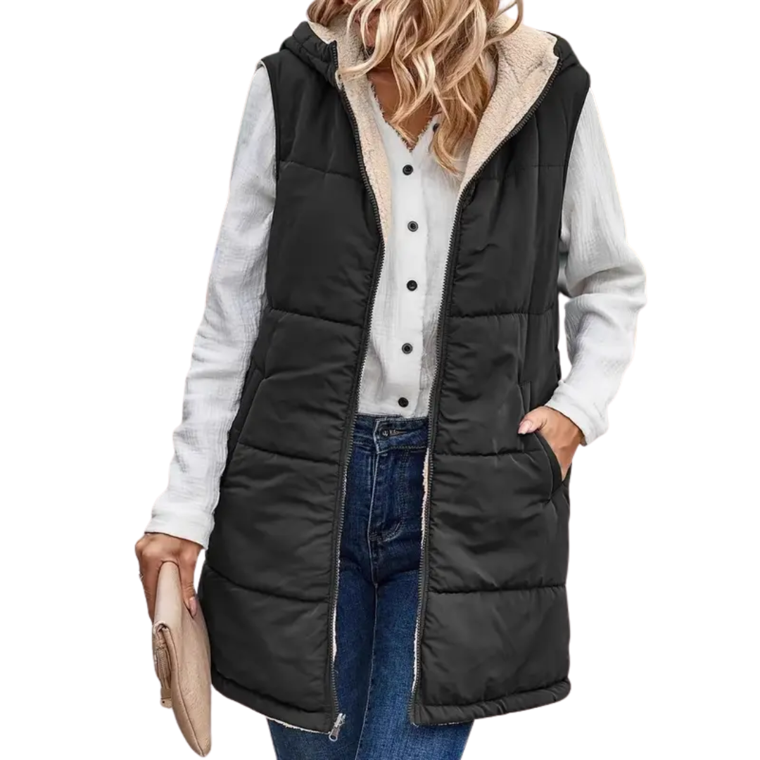 Hooded Zip Front Sherpa Lined Longline Puffer Vest