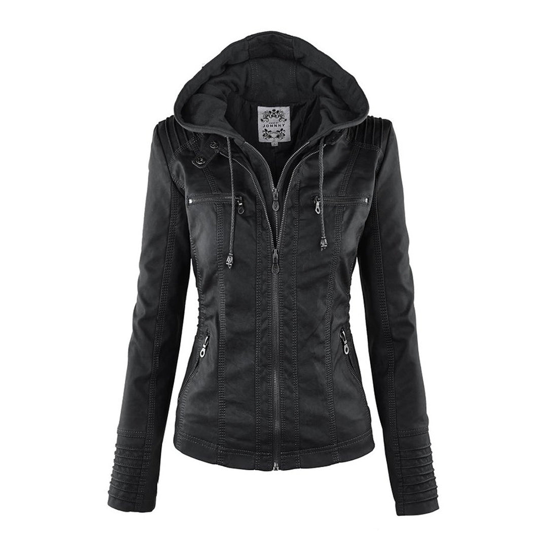 Faux Leather Removable Hood Zip Front Moto Jacket 3