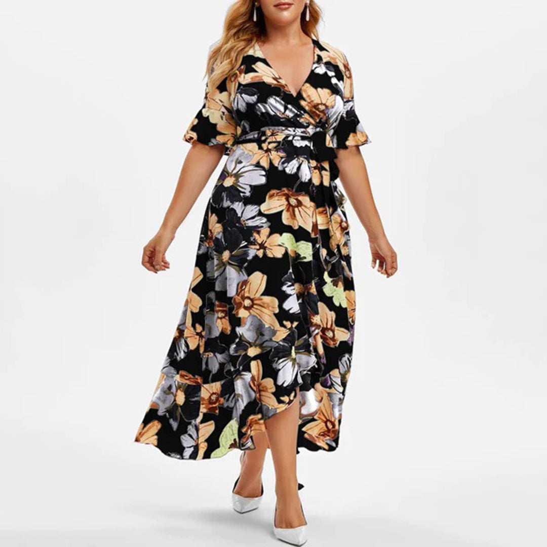 Floral V-Neck Flutter Sleeve Wrap Belted Maxi Dress - View 3