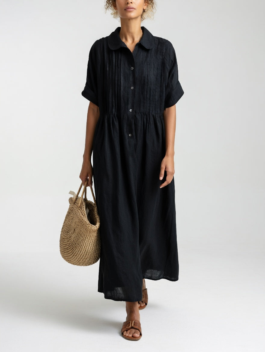 Collared Button Front Pintuck Tiered Maxi Shirt Dress 9