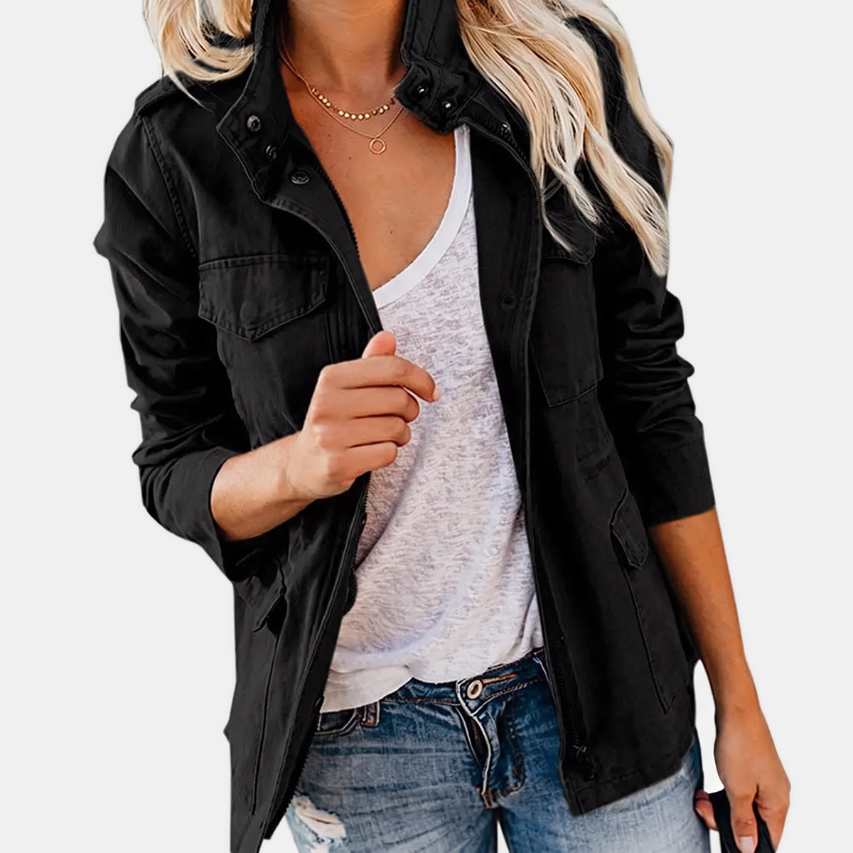 Stand Collar Zip Front Flap Pocket Utility Jacket 3