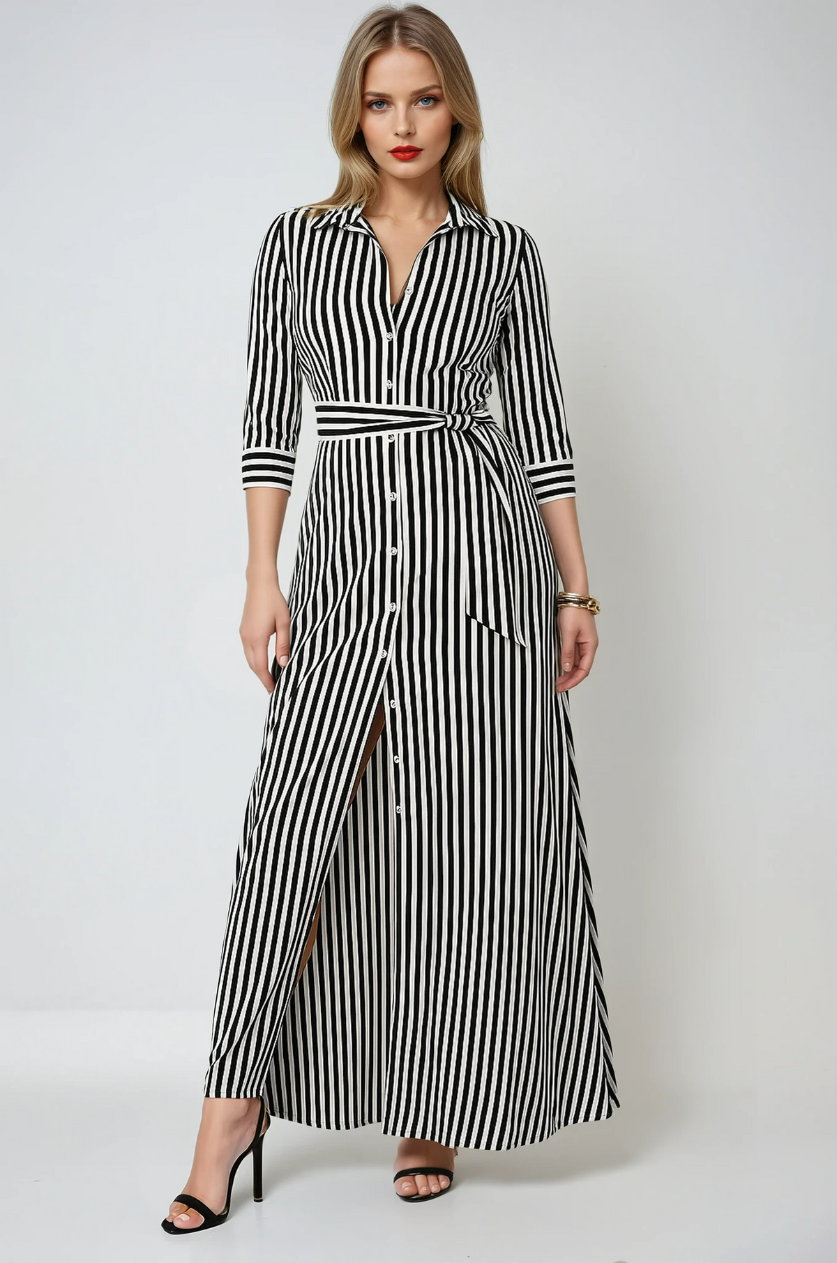 Striped Collared Button Front Belted High Split Maxi Shirt Dress