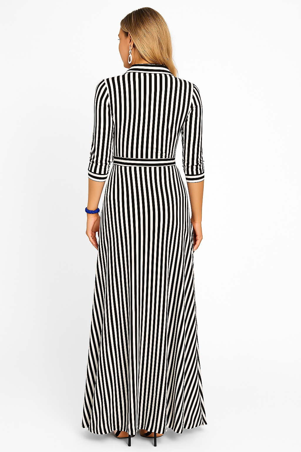 Striped Collared Button Front Belted High Split Maxi Shirt Dress 2