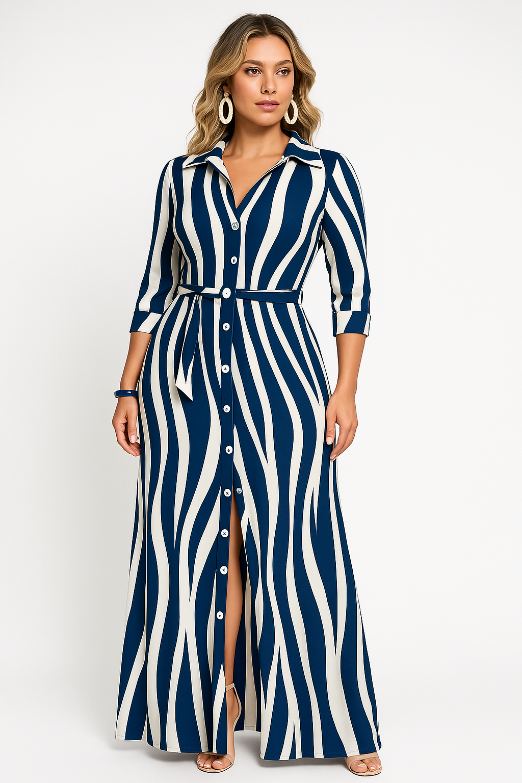 Striped Collared Button Front Belted High Split Maxi Shirt Dress 4