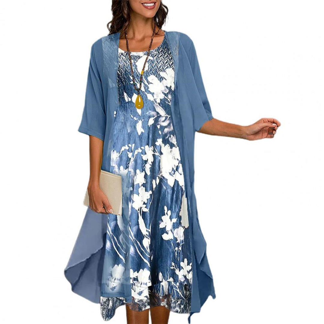 Floral Print Round Neck Midi Sheer Open Front Cardigan Set