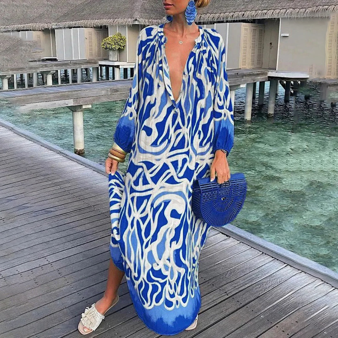 Abstract Swirl Print Deep V-Neck Balloon Sleeve Kaftan Maxi Dress - View 4