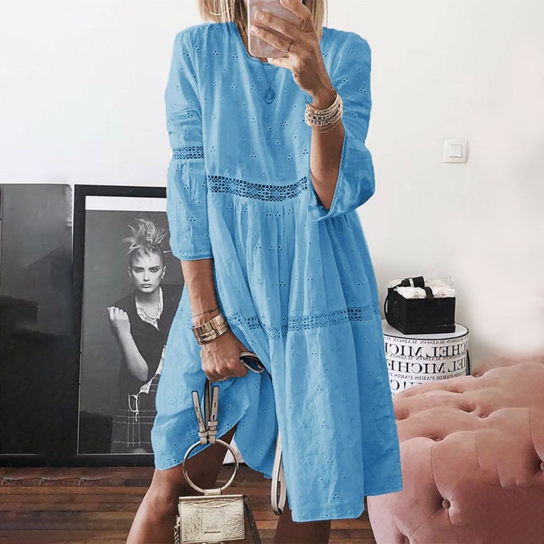 Eyelet Crochet Lace Insert Three Quarter Sleeve Smock Mini Dress - View 3