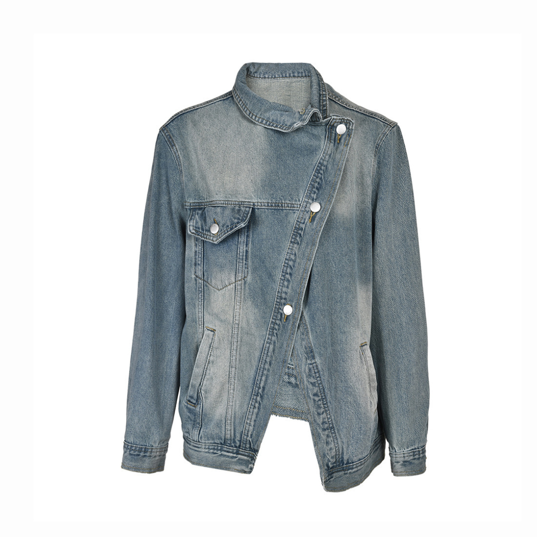 Asymmetric Button Stand Collar Washed Denim Jacket