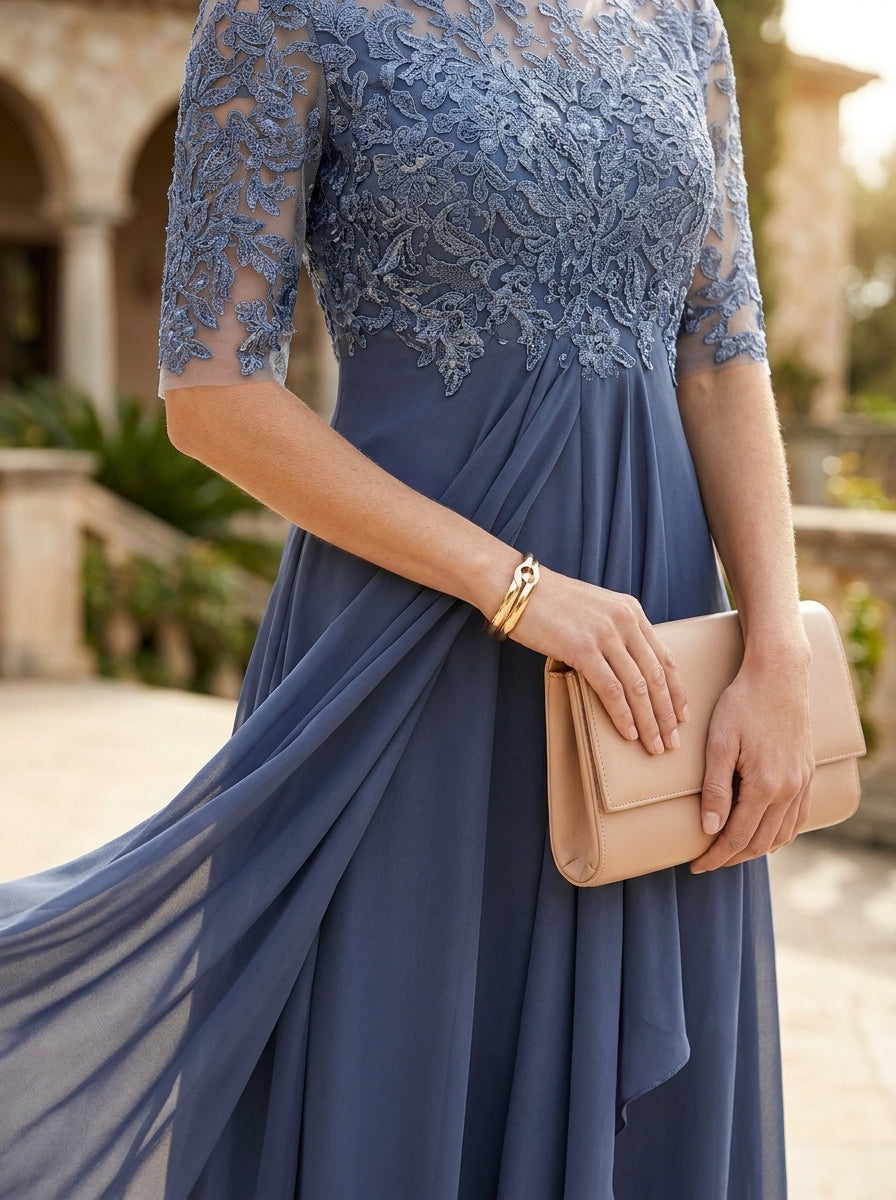 Lace Bodice Short Sleeve Chiffon A-Line Midi Dress Wedding Guest 6