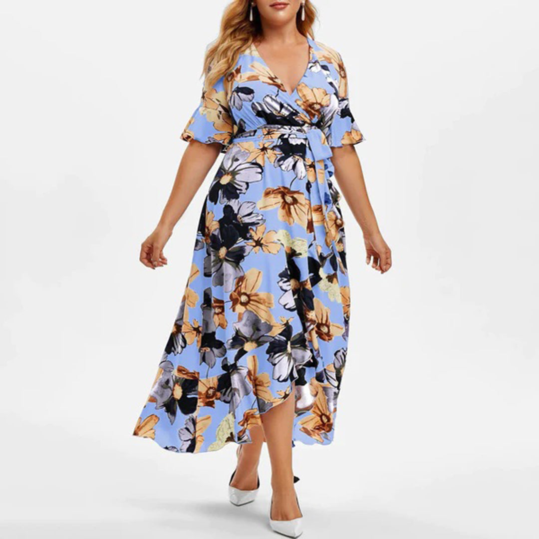 Floral V-Neck Flutter Sleeve Wrap Belted Maxi Dress - View 4