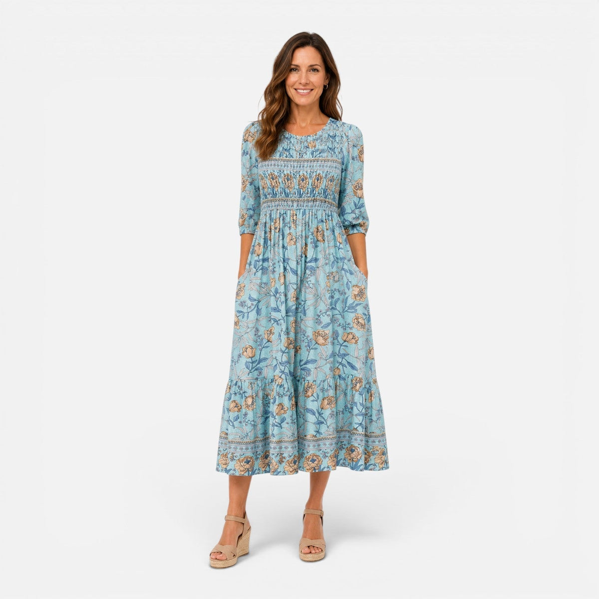 Floral Round Neck Smocked Tiered Midi Dress 3