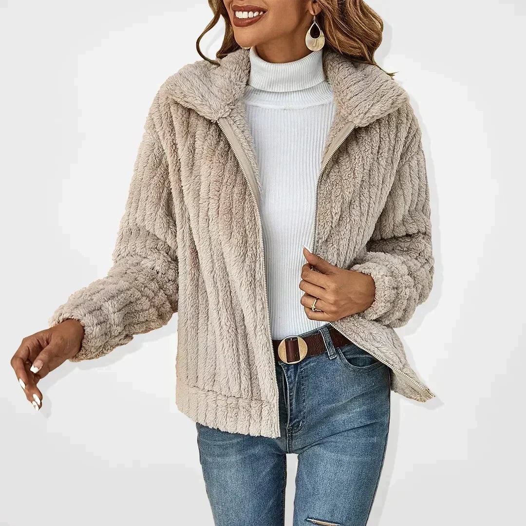 Fuzzy Fleece Zip Front Collared Jacket 4