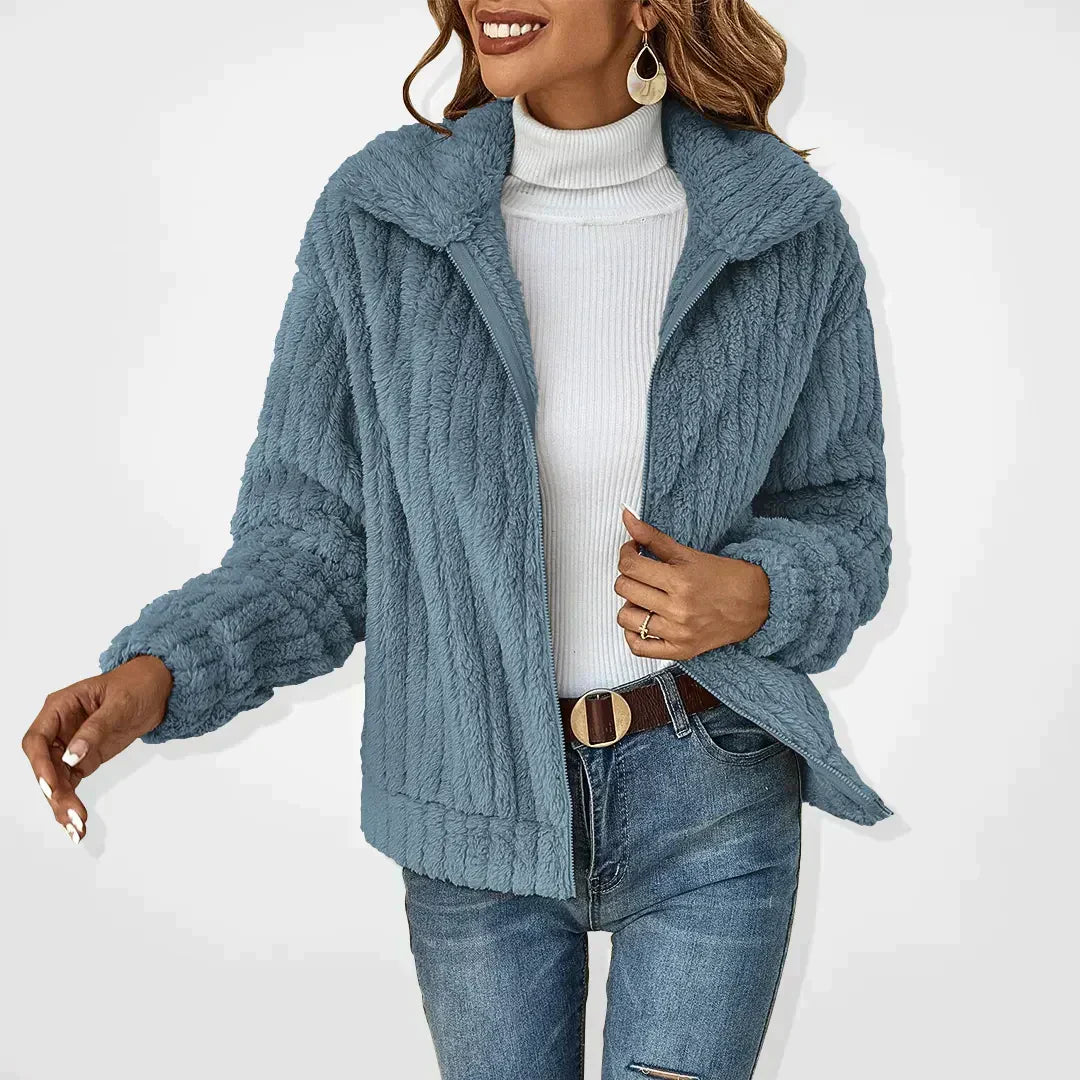 Fuzzy Fleece Zip Front Collared Jacket 5