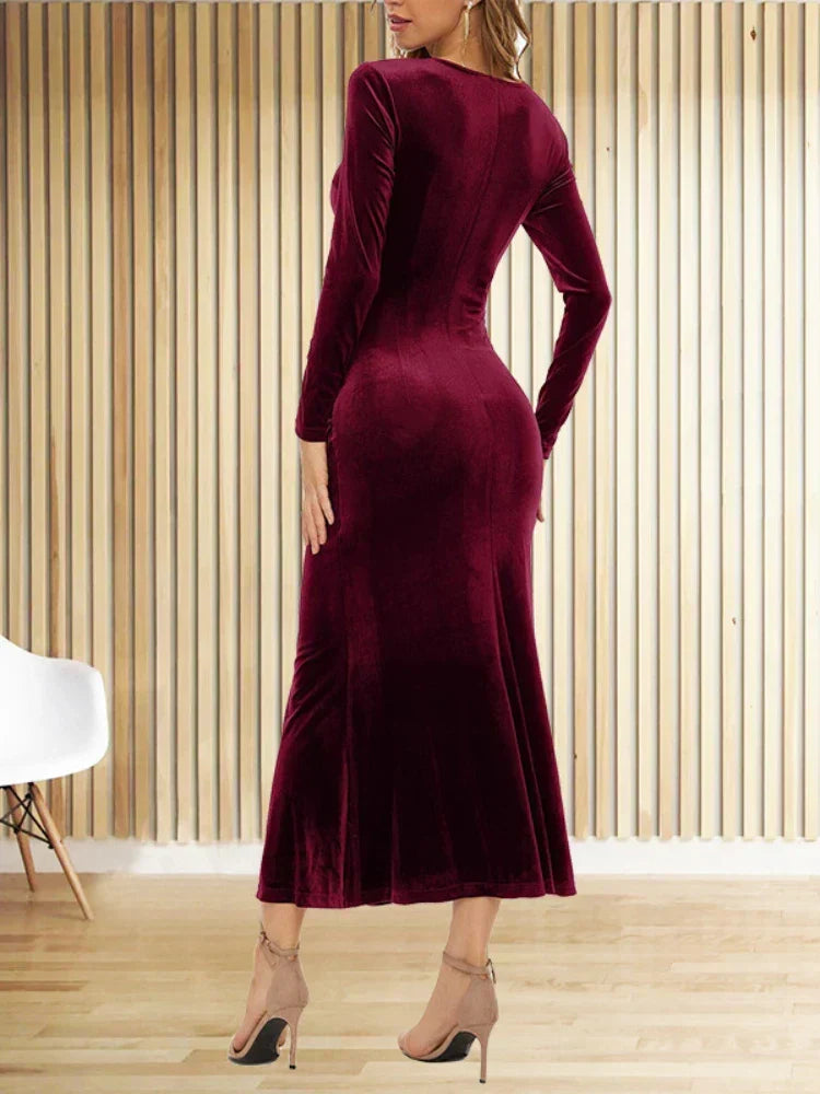 Velvet Deep V-Neck Long Sleeve Wrap Ruched Maxi Dress - View 5