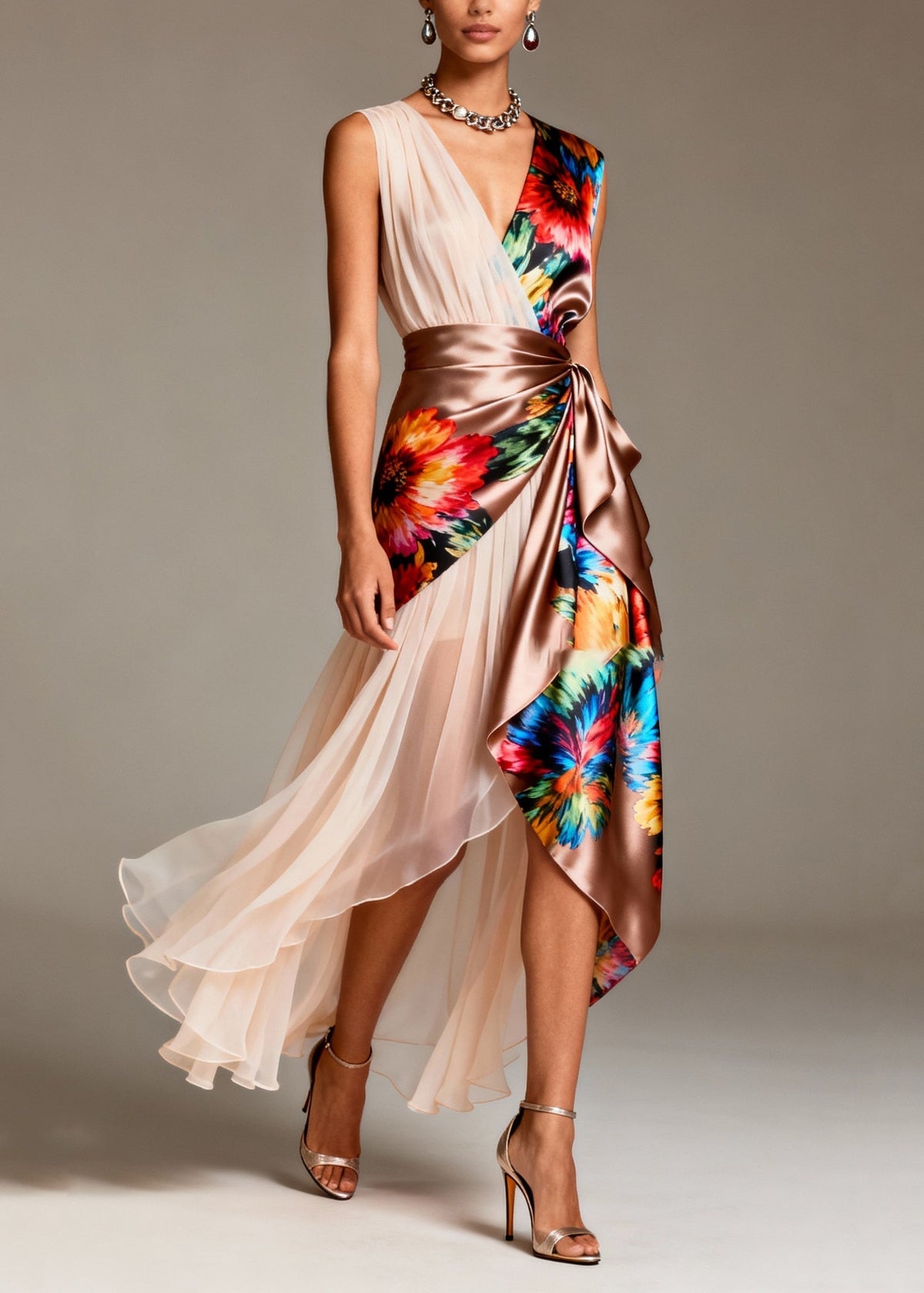 Floral Print Deep V-Neck Sleeveless Pleated Panel Party Dress