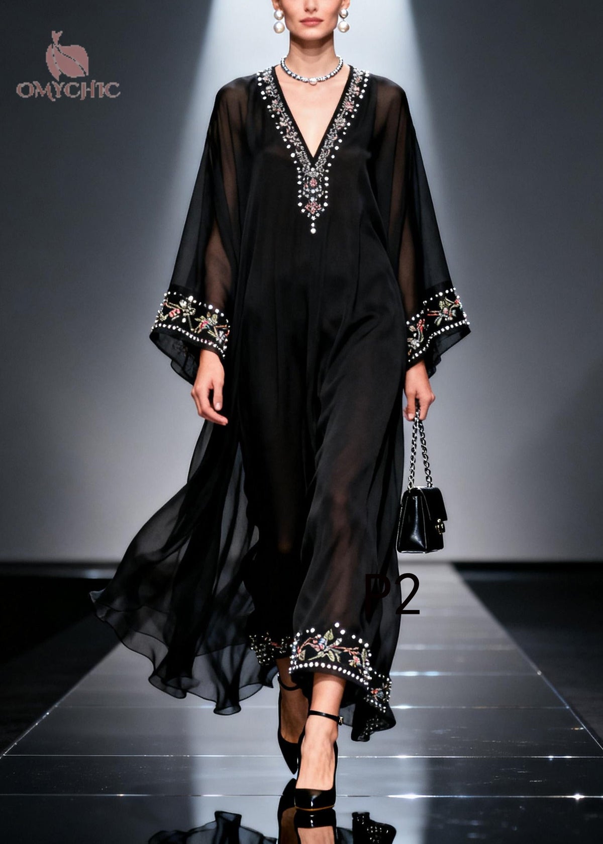 Sheer Chiffon Deep V-Neck Embroidered Bell Sleeve Maxi Gown - View 2