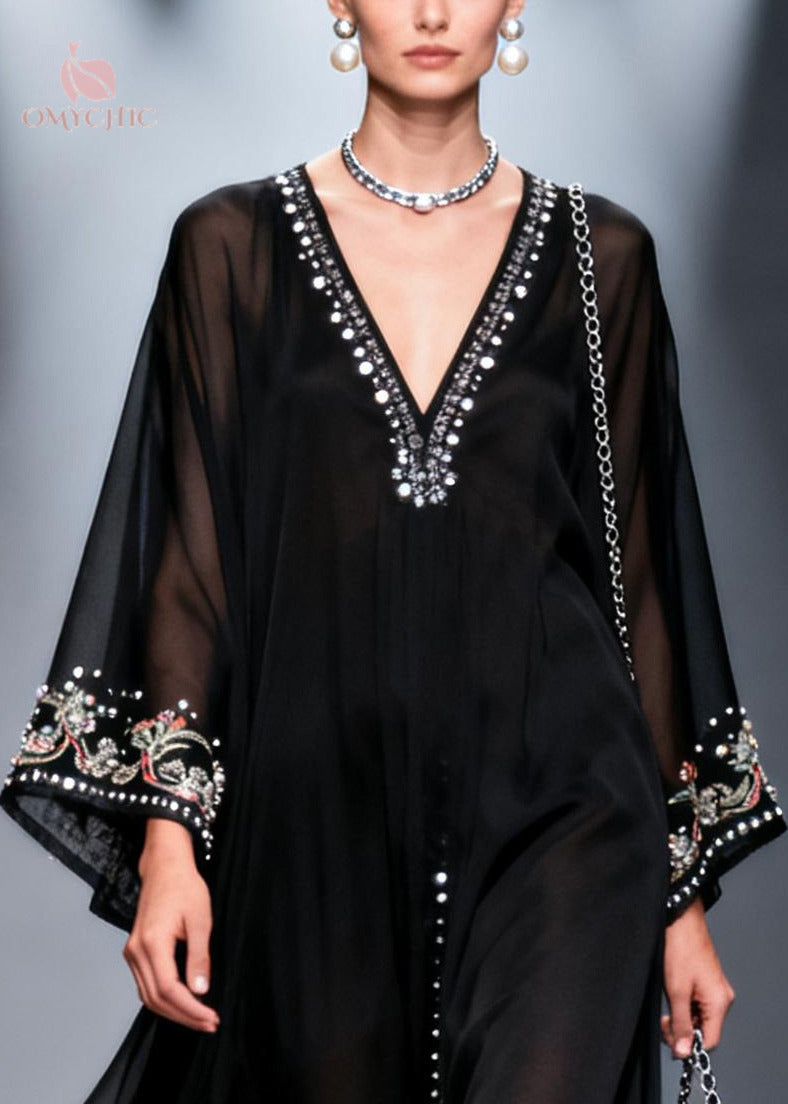 Sheer Chiffon Deep V-Neck Embroidered Bell Sleeve Maxi Gown - View 4