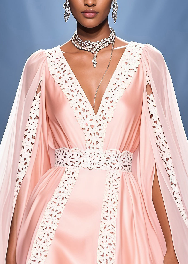 Deep V-Neck Satin Lace Trim High Low Cape Overlay Mini Dress - View 2