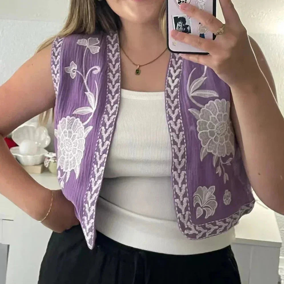Floral Embroidered Braided Trim Sleeveless Vest 5