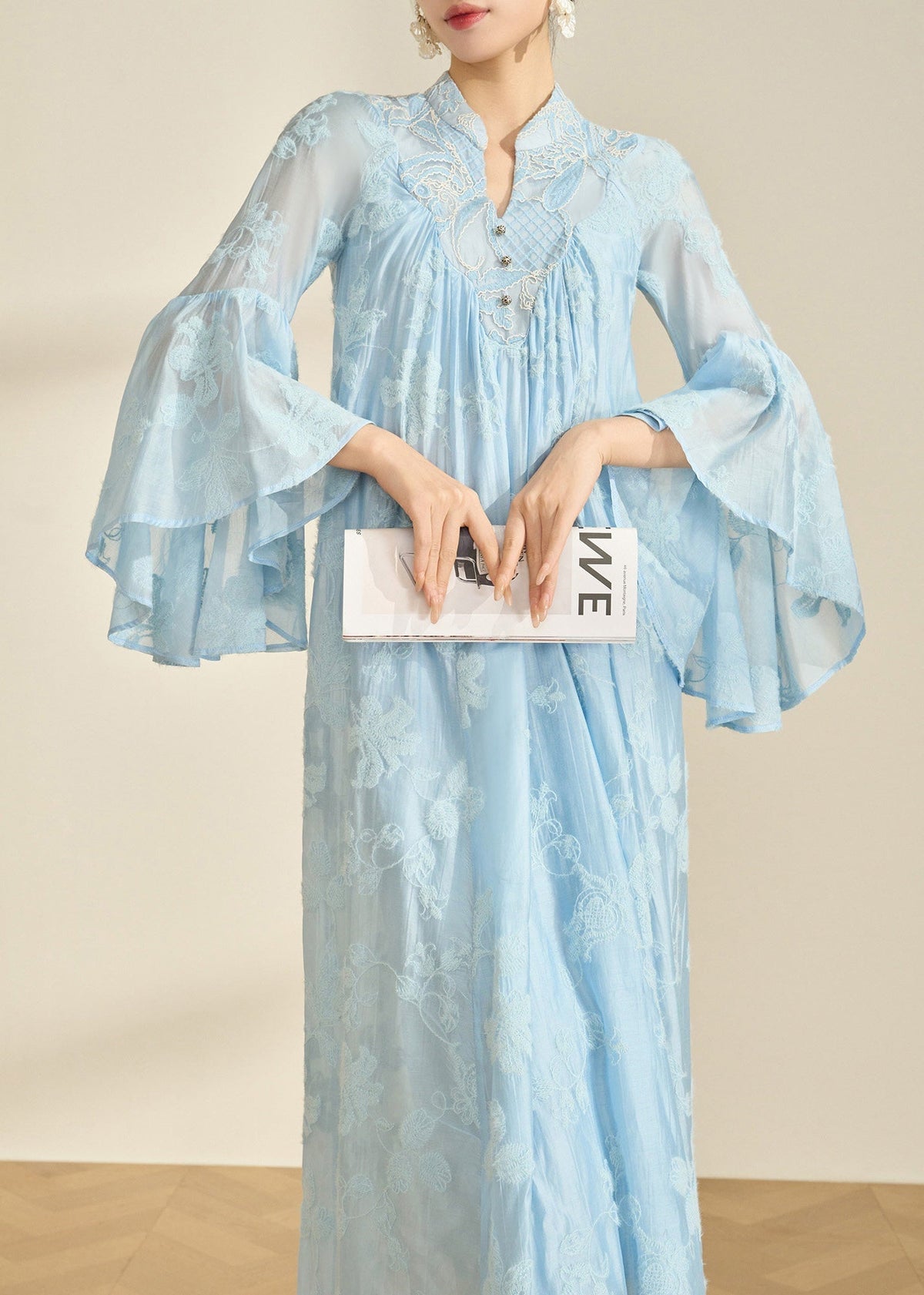 Embroidered Stand Collar V-Neck Tiered Bell Sleeve Maxi Gown - View 2