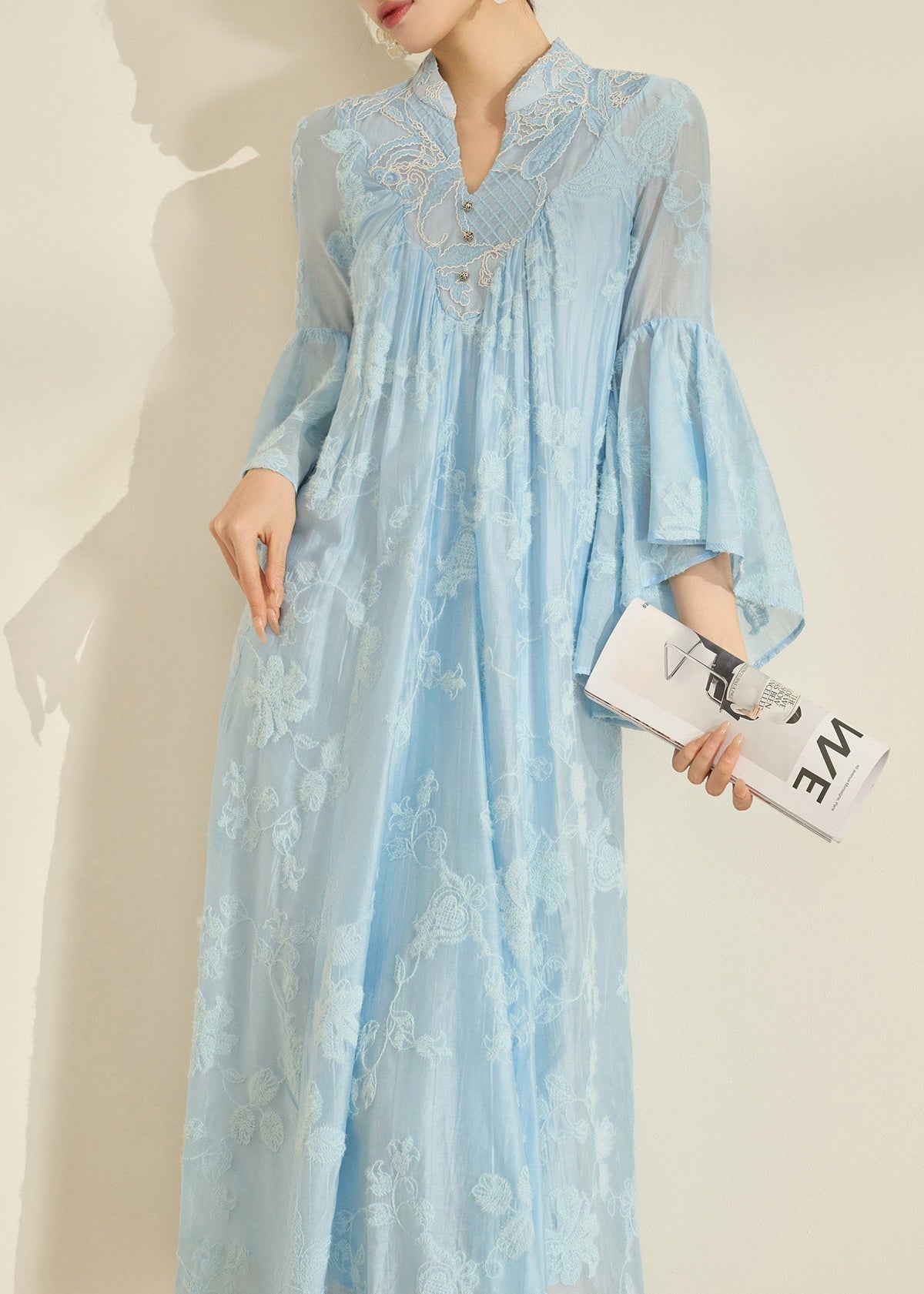 Embroidered Stand Collar V-Neck Tiered Bell Sleeve Maxi Gown - View 3
