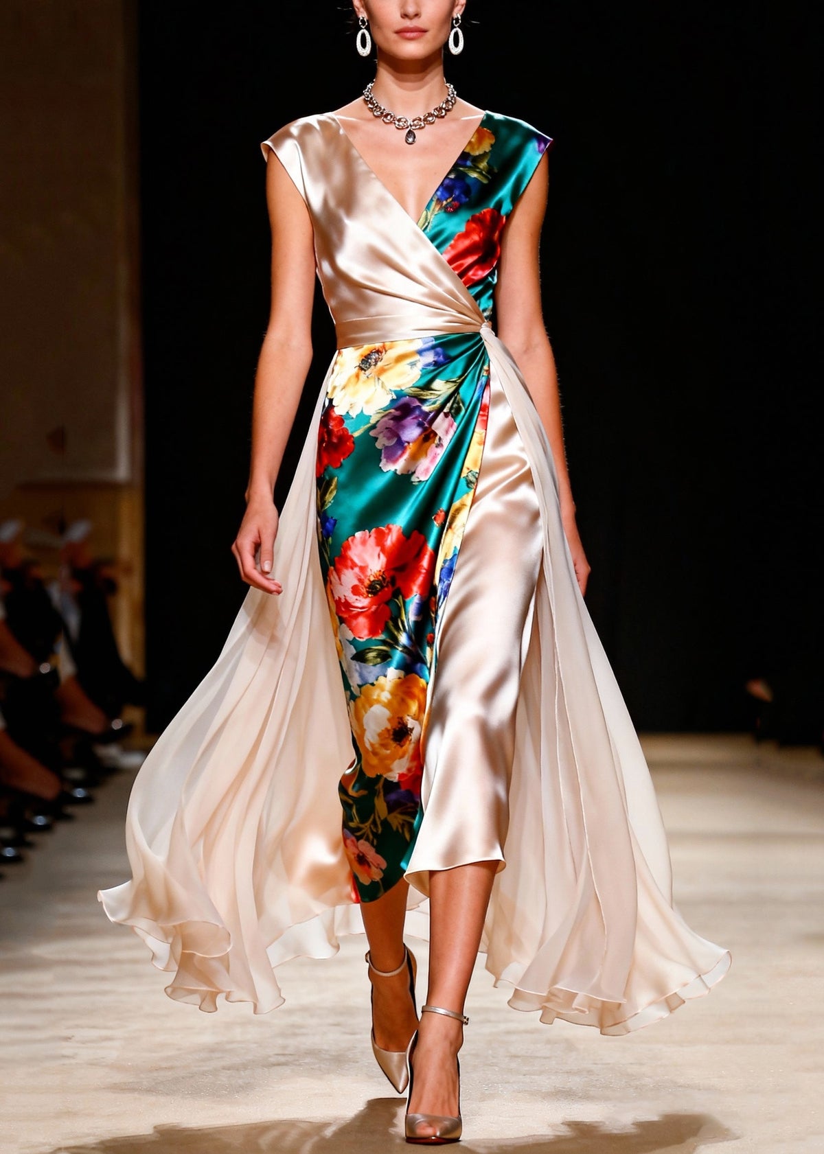Floral Print Sleeveless Wrap V-Neck Column A-Line Maxi Gown