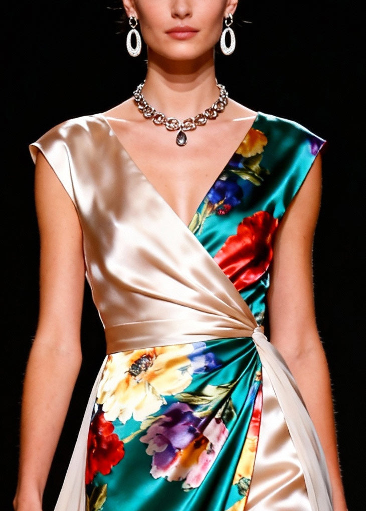 Floral Print Sleeveless Wrap V-Neck Column A-Line Maxi Gown - View 2
