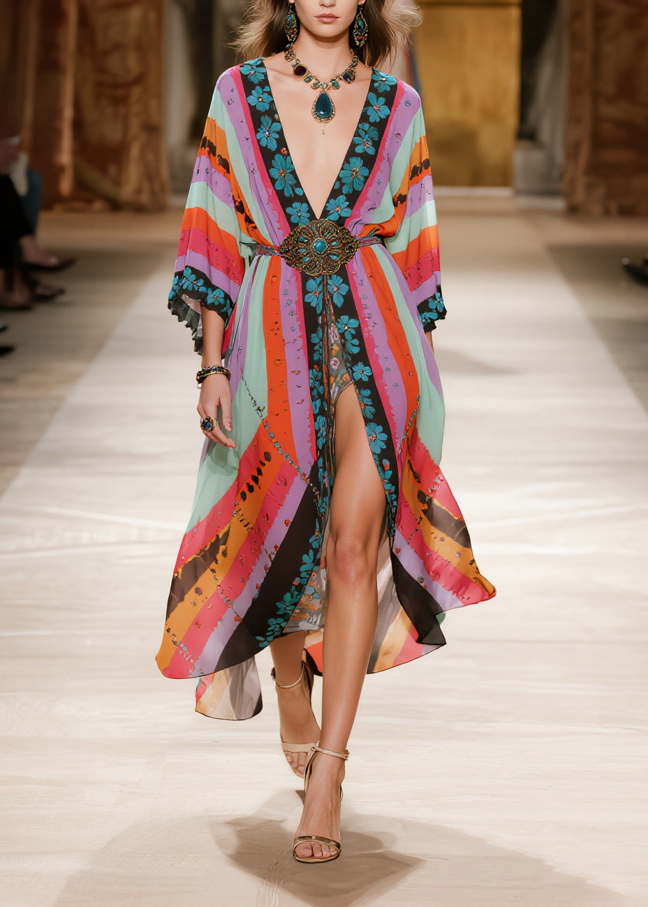 Floral Stripe Deep V-Neck Sleeve High Split Maxi Party Dress