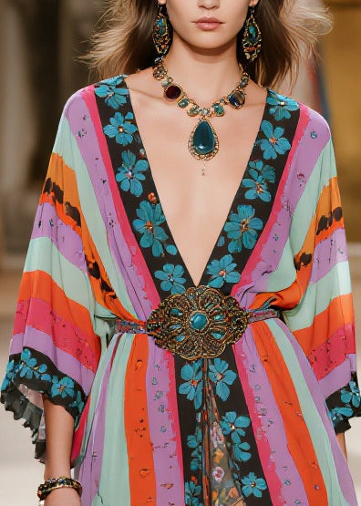 Floral Stripe Deep V-Neck Sleeve High Split Maxi Party Dress - View 2