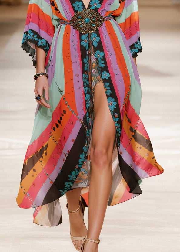 Floral Stripe Deep V-Neck Sleeve High Split Maxi Party Dress - View 4