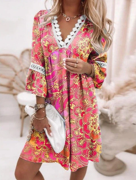 Abstract Stripe Lace Trim V-Neck Bell Sleeve Mini Summer Dress - View 5