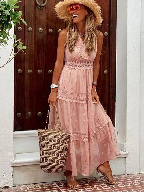 Crochet Lace Halter Neck Tiered Boho Maxi Dress 10