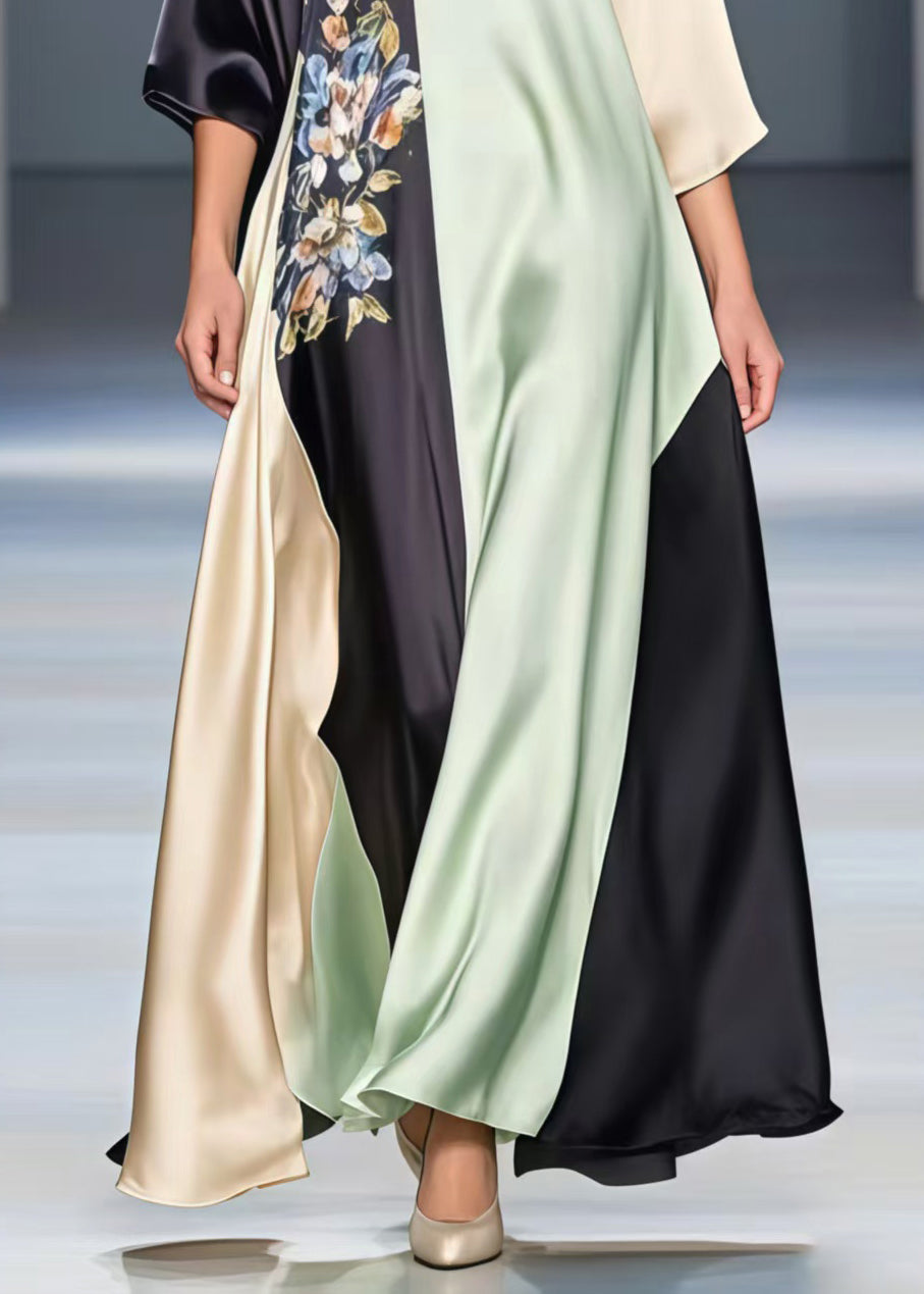 Deep V-Neck Sleeve Floral Embroidery Color Block Kaftan Maxi Gown - View 4