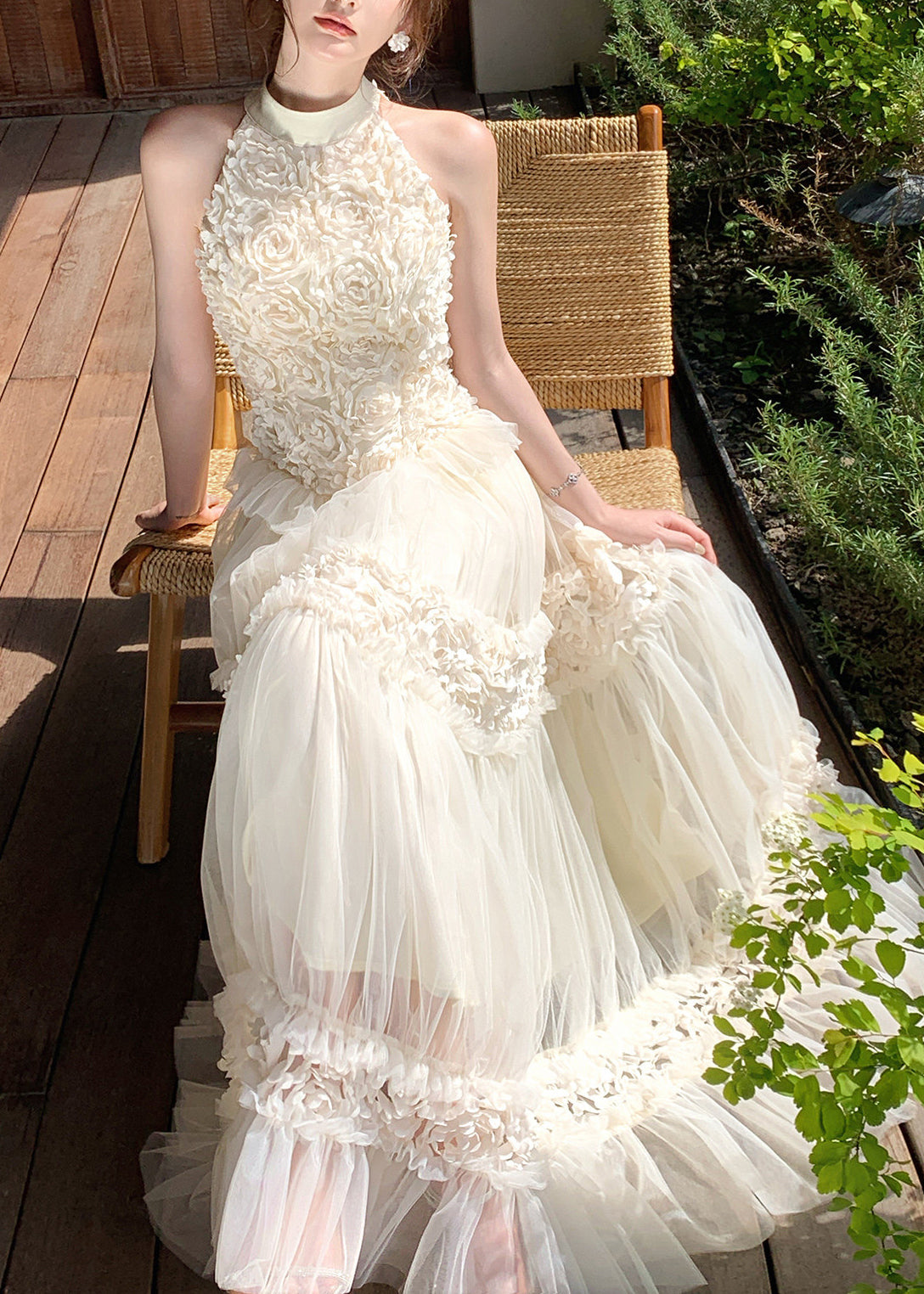 Off Shoulder Tulle Floral Maxi Dress