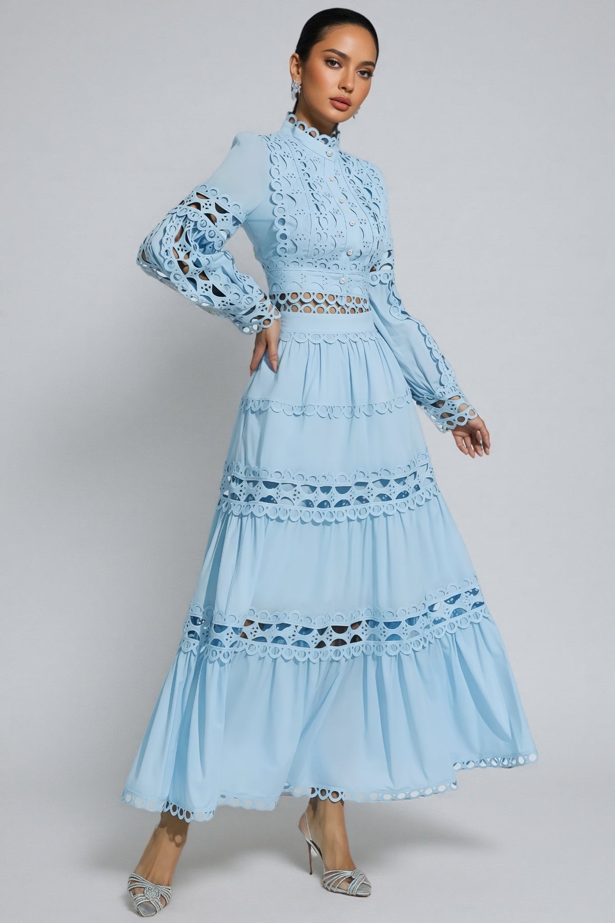 Lysd Blue Lace Hollow Maxi Dress Set - View 6