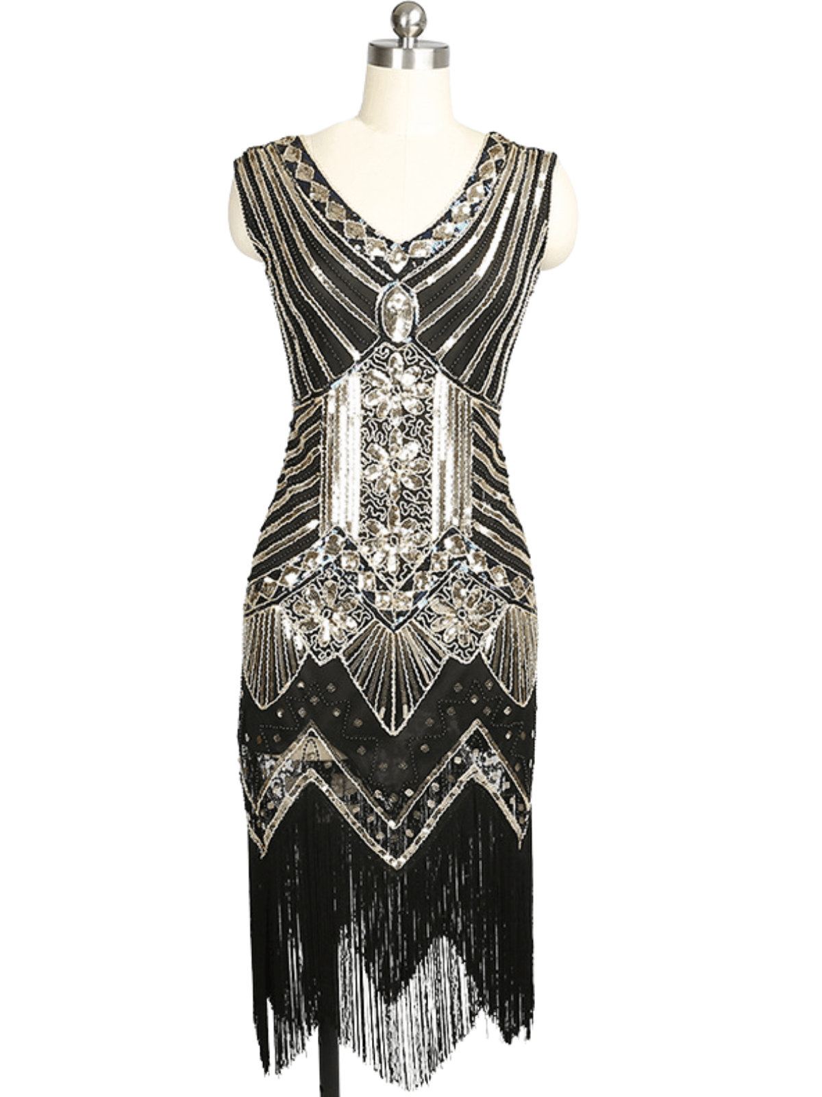 Deep V-Neck Sleeveless Sequin Beaded Fringe Cocktail Dress - View 7