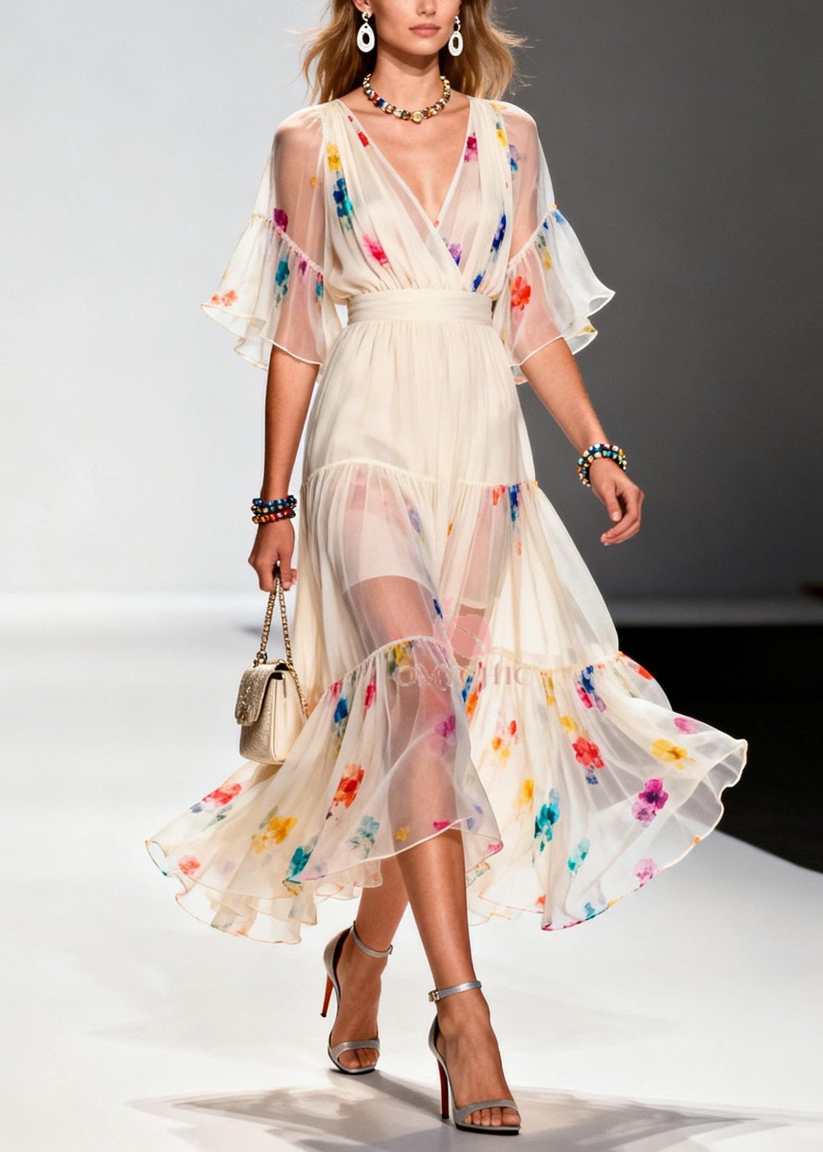 Floral Print V-Neck Wrap Bodice Flutter Sleeve Tiered Midi Dress