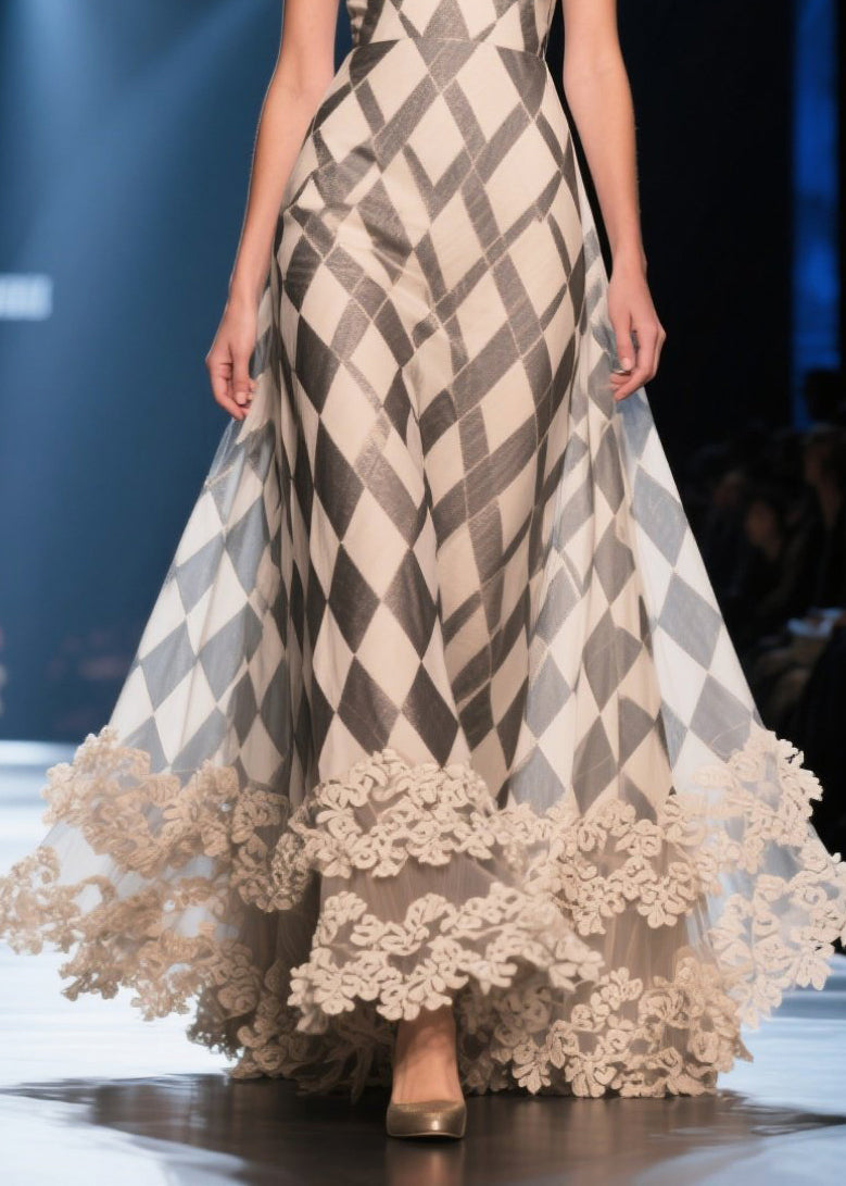 Argyle Print Deep V-Neck Spaghetti Strap Scalloped Lace Hem Maxi Gown - View 2