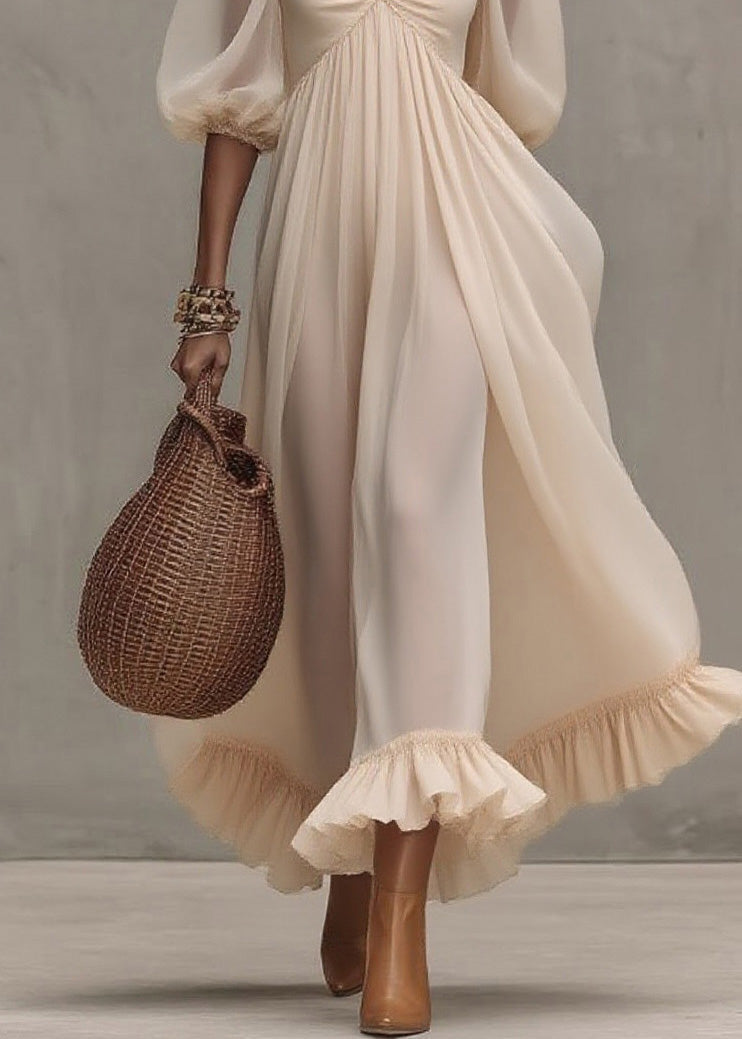 Chiffon Square Neck Puff Sleeve Ruffle Hem Empire Maxi Dress 4
