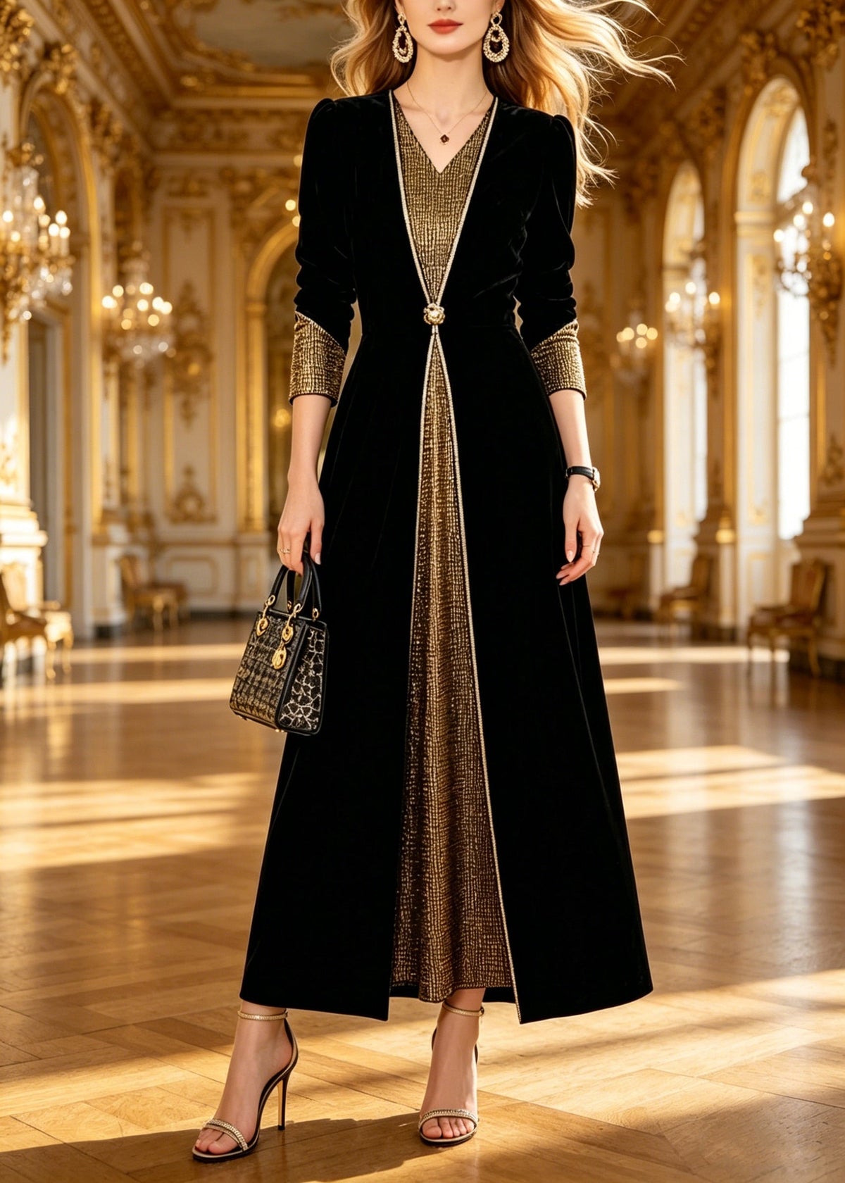 Velvet Long Sleeve V-Neck Metallic Panel Button Waist Maxi Dress - View 5