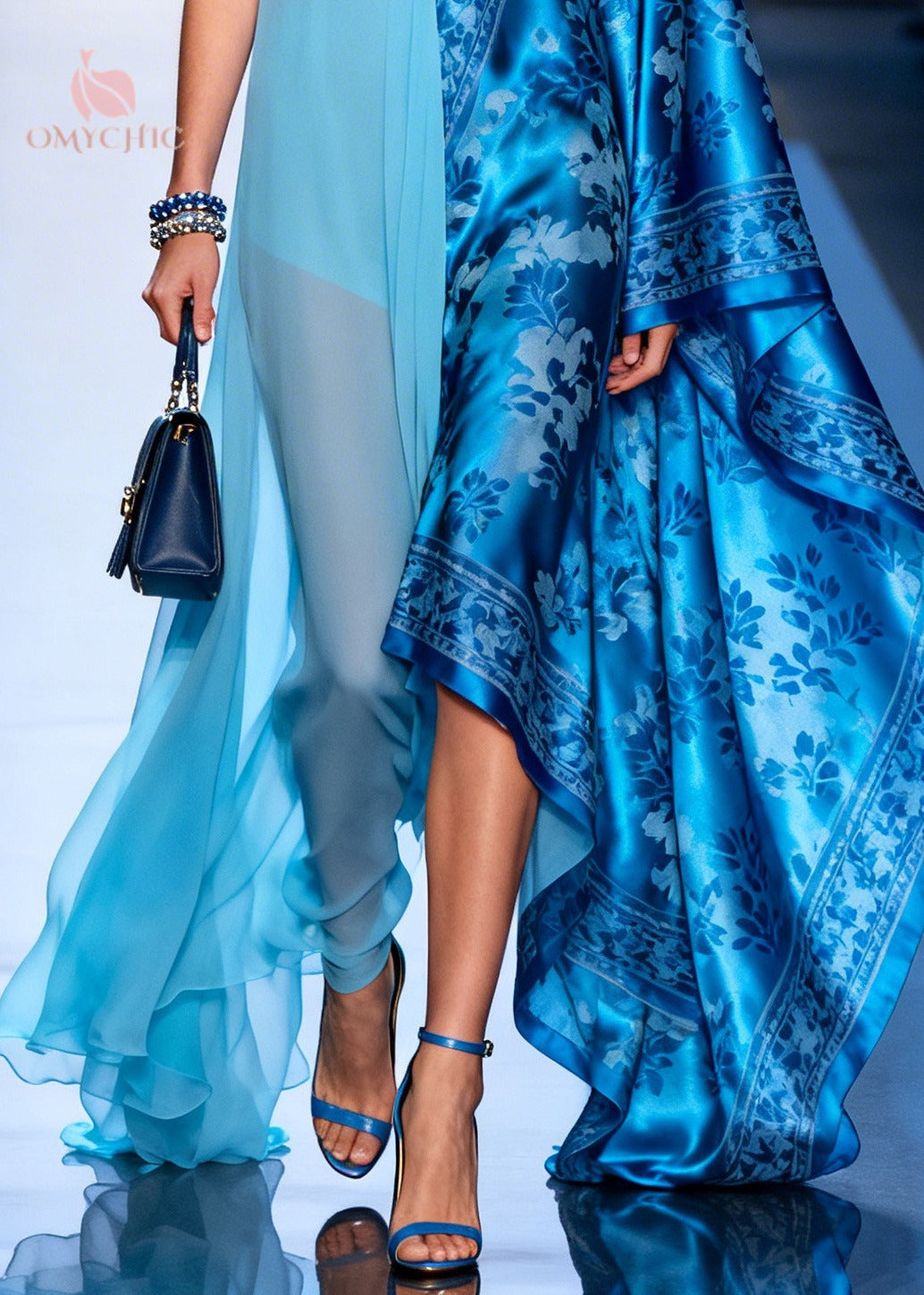 Asymmetric Deep V-Neck Floral Damask Cape Sleeve Sheer Panel Maxi Gown - View 4