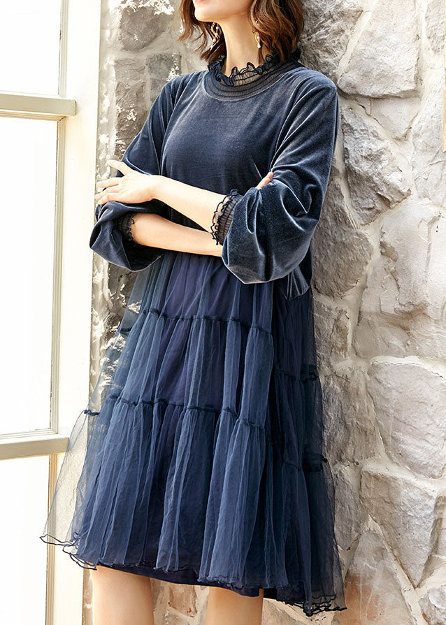 High Neck Long Sleeve Velvet Tiered Tulle Midi Dress 2