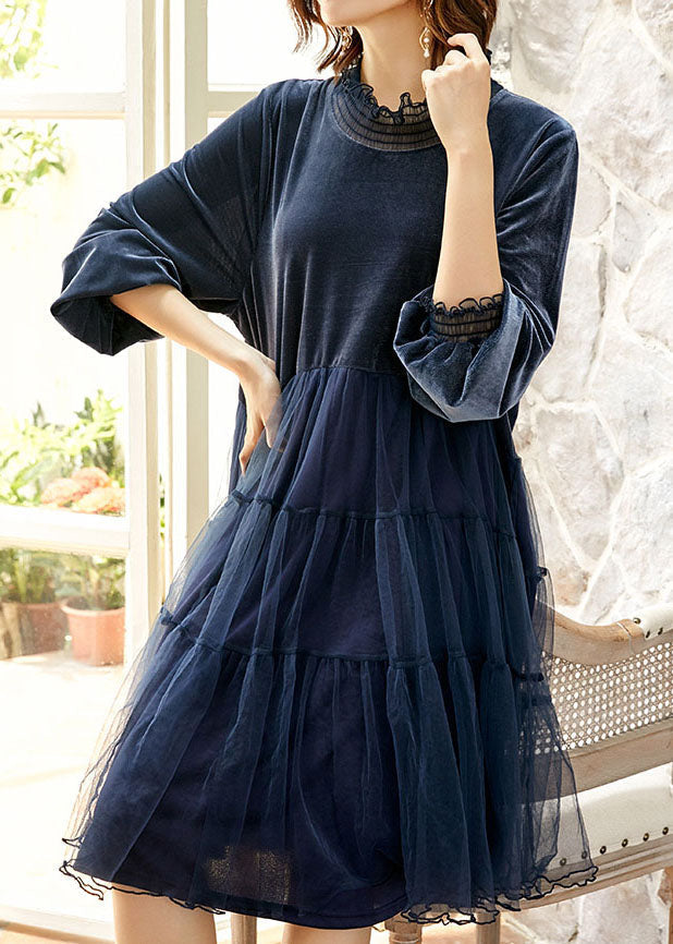High Neck Long Sleeve Velvet Tiered Tulle Midi Dress 3