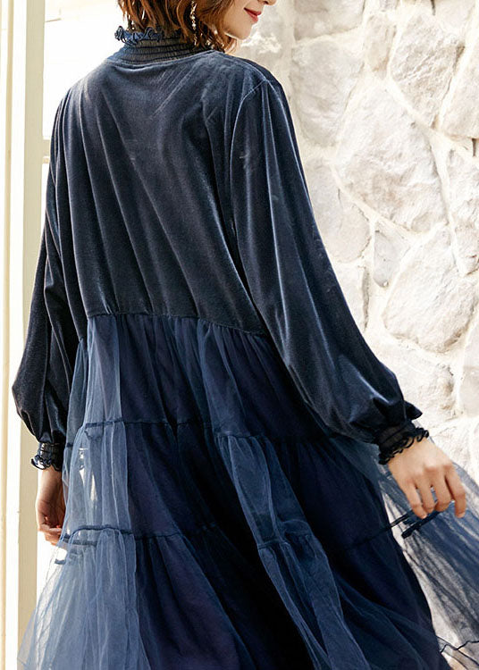 High Neck Long Sleeve Velvet Tiered Tulle Midi Dress 4