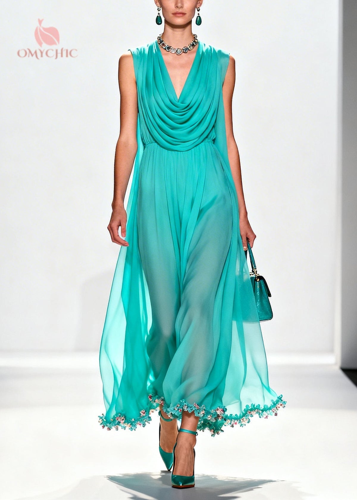 Blue Turtle Neck Patchwork Flower Lace Chiffon Maxi Dress