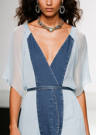Denim Chiffon Patchwork V-Neck Flutter Sleeve Wrap High Low Tea Dress - View 2