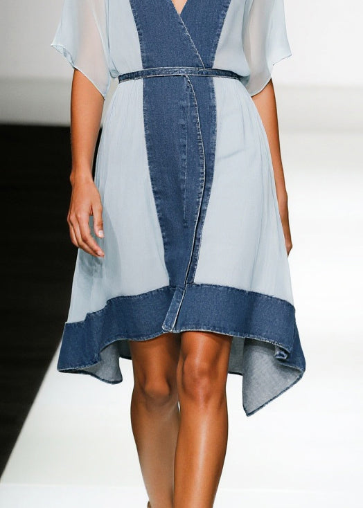 Denim Chiffon Patchwork V-Neck Flutter Sleeve Wrap High Low Tea Dress - View 4