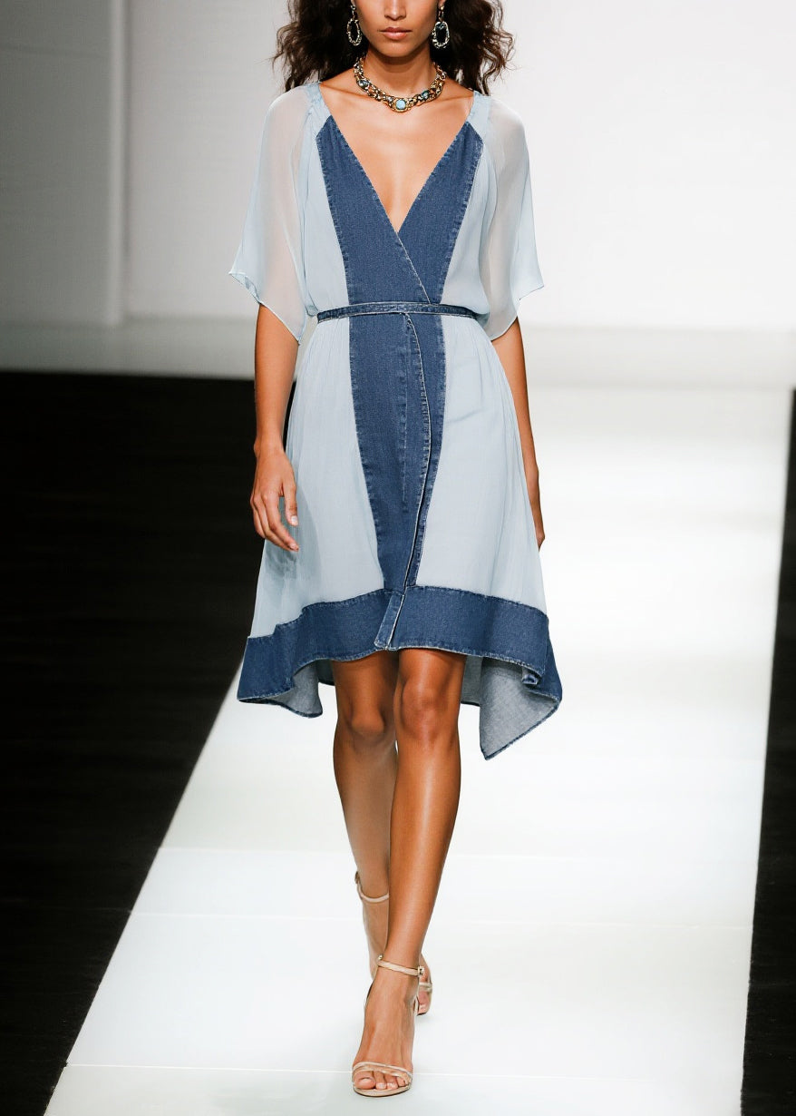 Denim Chiffon Patchwork V-Neck Flutter Sleeve Wrap High Low Tea Dress - View 5